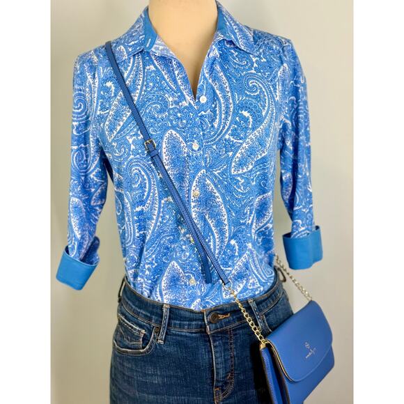 Vintage Talbots women's printed cotton lawn blue paisley shirt,  size M - Picture 7 of 12